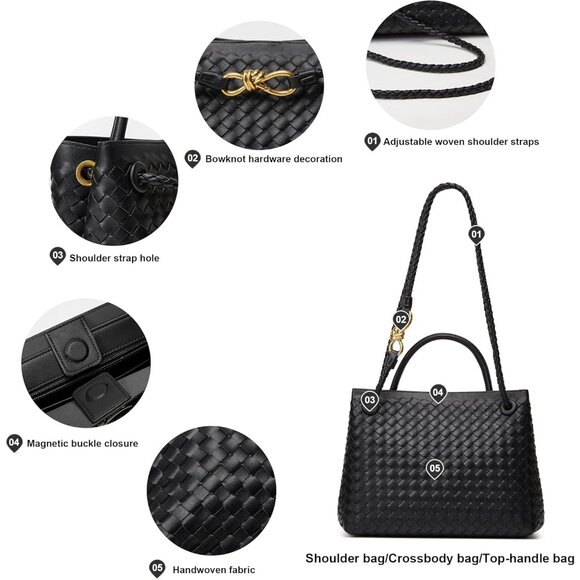 Versatile Woven Vegan Leather Handbag - Adjustable Strap, Magnetic Closure - Picture 4 of 9